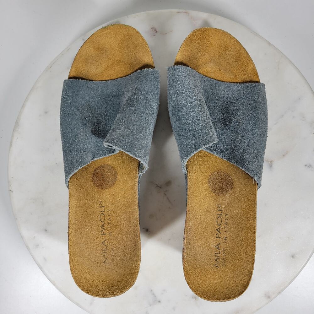 Mila Paoli Cork Wedge Womens 8 Blue Suede Slip On Sandals Shoes Made in Italy